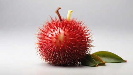 Close-up view of a ripe red rambutan fruit with green leaves isolated on a white background