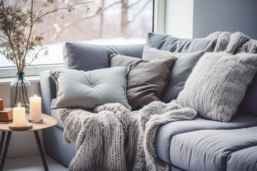 Cozy grey corner sofa with many pillows and fur blankets. Warm and inviting winter atmosphere. Nordic, scandinavian home interior design of modern living room in house in forest.