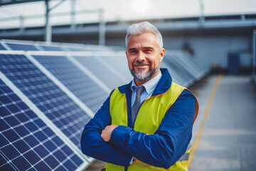 Director of factory standing by solar panels, representing renewable energy and corporate responsibility. - obrazy, fototapety, plakaty