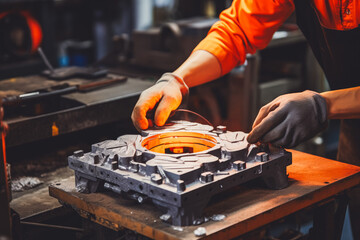 Obraz premium Men wearing safety glasses and gloves during casting during metal working in heavy industry factory