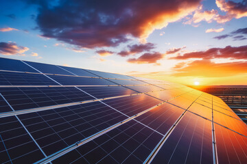 Solar panels viewed at sunset. Demonstrating renewable electricity. A photo from panoramic perspective.