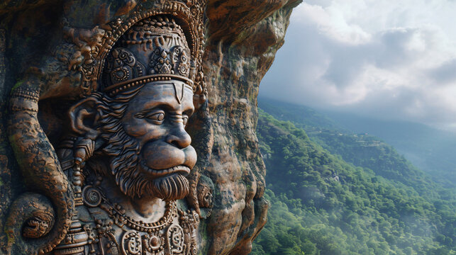 A majestic Hanuman idol carved