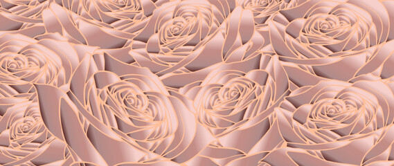Luxury peach gold fashionable background with pastel floral pattern. Abstract bouquet of roses flower premium vector template for wedding catalog, Valentine's card, makeup brochure, flyer
