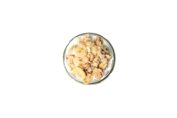 Muesli with yogurt, isolated on white background