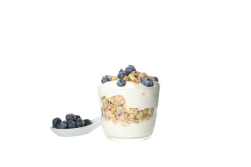 Muesli with yogurt, isolated on white background