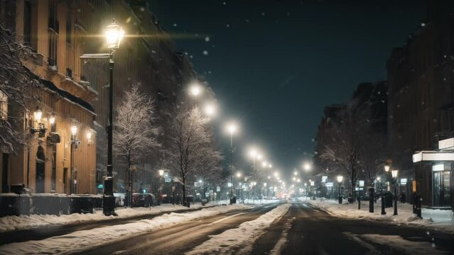 Nighttime urban atmosphere in winter and snowfall. looping time-lapse 4k footage