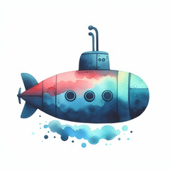 Watercolor submarine under water isolated on white background 