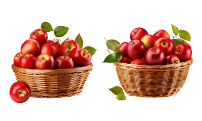 Set of Wicker basket full of fresh ripe red apples isolated on A Transparent Background 
