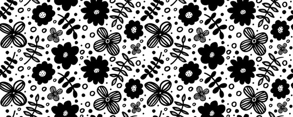 Seamless pattern modern abstract flowers rose, aster, chamomile.  Hand drawn vector botanical background.  Black  ink illustration with floral motif.