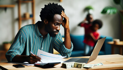 A African American parent at home tries to calculate the monthly budget and pay out standing bills while facing financial difficulties during a economic downturn.