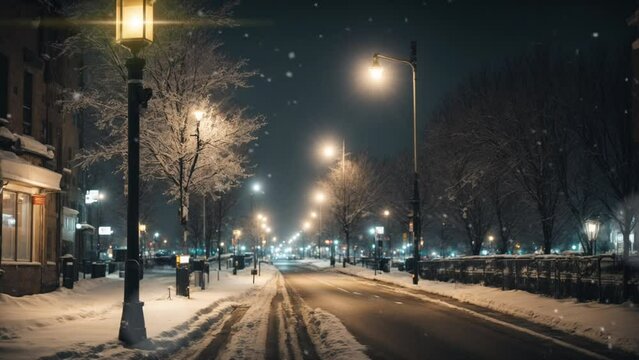 Nighttime urban atmosphere in winter and snowfall. looping time-lapse 4k footage