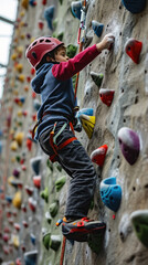 athletic boy in sportswear climbs a climbing wall with belay, sports ground, training, climber, rock relief, healthy lifestyle, active recreation, hobby, energetic person, muscles, height, agility