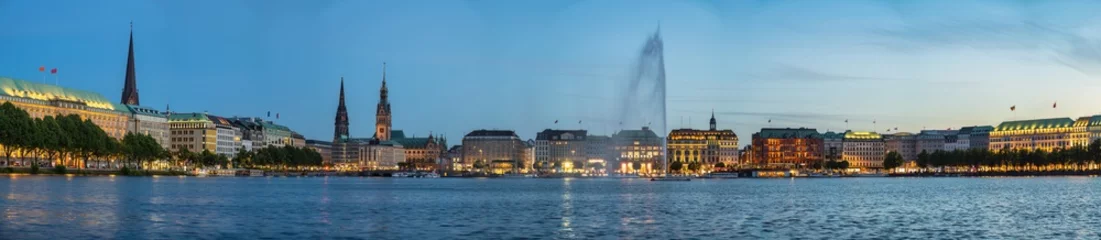 Gordijnen Hamburg Germany, panorama night city skyline at Alster Lake with Fountain © Noppasinw