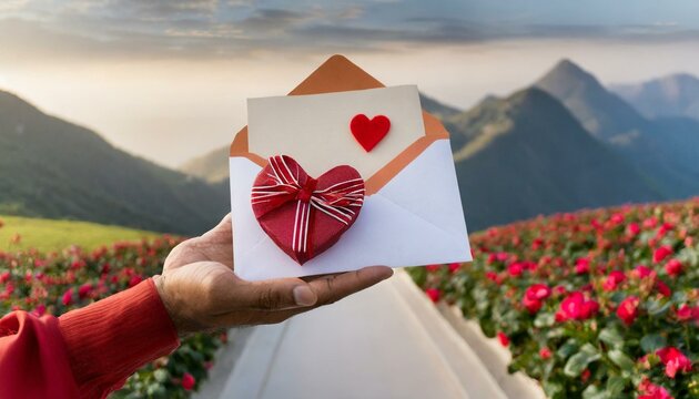man hand holding valentine gift and envelope