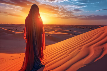Rear view of an Arabian woman in the desert, the background of a beautiful sunset.