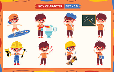 Cartoon Boy Doing Various Activities