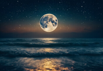 Spettacolo Celeste- Luna Piena Brillante nel Cielo Stellato Sopra il Mare, Alta Definizione