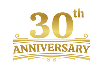 30 years anniversary logo, icon or badge. 30th birthday, jubilee celebration, wedding, invitation card design element. Vector illustration. - obrazy, fototapety, plakaty