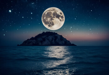 Eleganza Nocturna- Luna Piena Illumina il Cielo Stellato sull'Oceano, Alta Definizione