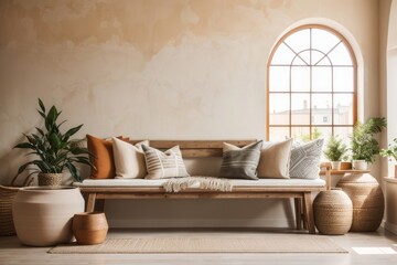 Bohemian farmhouse interior home design of modern living room with rustic wooden bench and pillows in arched window room with beige wall with copy space - obrazy, fototapety, plakaty