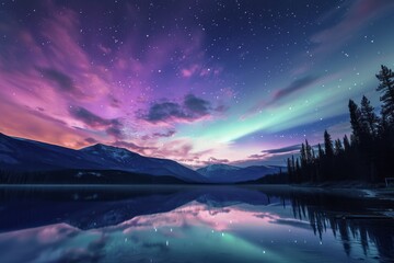Beautiful aurora sky and lake. Generative AI - obrazy, fototapety, plakaty