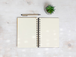 Spiral notebook empty open on wooden table with pen and plant. Office stationery mock up flat lay. - 710461807