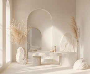 The image features a white room with a stone table and bench, potted plants, and a mirror. The room...