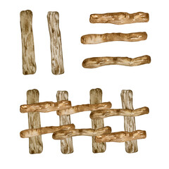 Watercolor wooden fence set illustration isolated on white. Wicker fence hand drawn. Painted elements of log. Wattle for village scene. Design elements for farm countryside, Easter collection