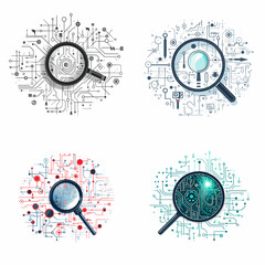 Naklejka premium AI-driven Fraud Detection Magnifying Glass with AI Symbols .simple isolated line styled vector illustration