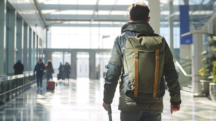 Back view of man walking out of an airport with backpack