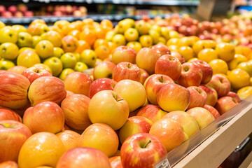 Beautiful fresh apples in supermarket close-up