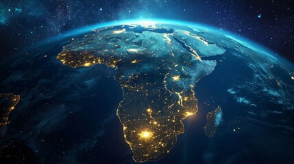 Fototapeta na wymiar Top view of a night planet with glowing city lights. Africa