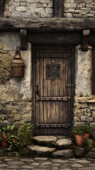 Fototapeta na wymiar Close-up of the entrance of an old stone house, medieval time, England,
