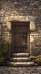 Close-up of the entrance of an old stone house, medieval time, England,