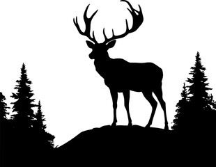 Vector illustration of mountain landscape with forest and deer. AI generated illustration.