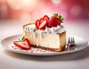 Delicious cheesecake with fresh strawberries and whipped cream. Digital illustration. CG Artwork Background