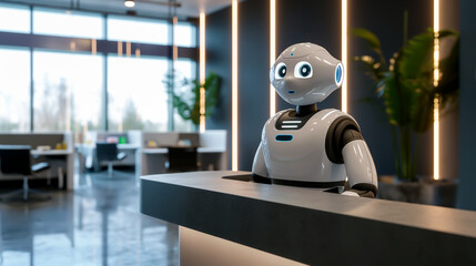 AI robot ready to assist in a modern hotel lobby. Shallow field of view.
 - obrazy, fototapety, plakaty