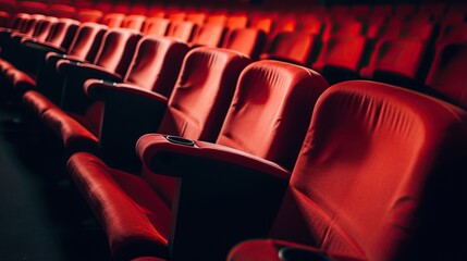 Obraz premium rows of red empty seats in a cinema hall. Modern cinema screen hall