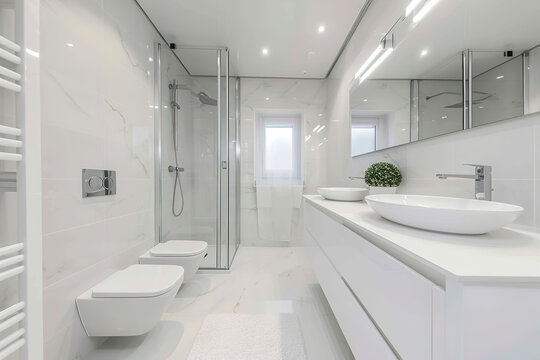 Spacious bathroom in white Design with heated floors, walk-in shower, sink vanity and skylights.