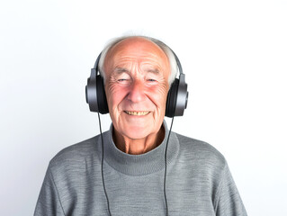 Elderly man enjoying technology through wearing headphones and listening to music