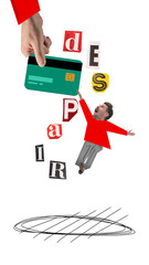 Man trying to catch credit card. Feeling despair. Financial unstable situation. Contemporary art collage. Concept of economic crisis, business, failure, challenges