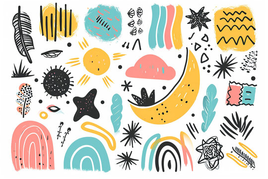 Set of hand painted colorful various shapes, curls, forms, arches, squiggles, brush strokes and doodle objects