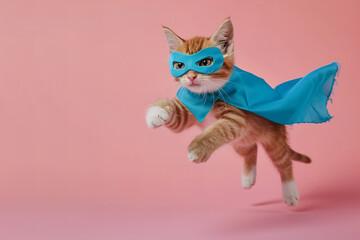 Obraz premium Superhero cat, Cute orange tabby kitty with a blue cloak and mask jumping and flying on light pink background