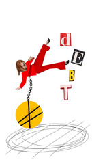 Young woman connected to coin with chains. Debt burden, financial challenges, money problems. Contemporary art collage. Concept of economic crisis, business, failure