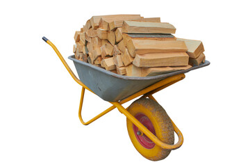 wheelbarrow with firewood, chopped firewood in wheelbarrow isolated on white background