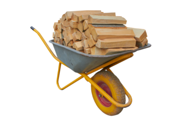 wheelbarrow with firewood, chopped firewood in wheelbarrow isolated on white background