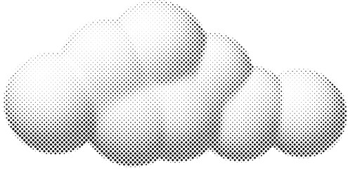Clouds in halftone dots texture, isolated black and white vector design element - obrazy, fototapety, plakaty