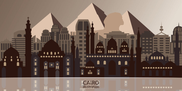 The background silhouette of Egypt, Cairo, is an illustration that depicts the main attractions of the city and the features of the country. 