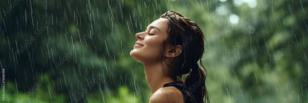 Sticker beautiful young woman standing in the rain with green forest background