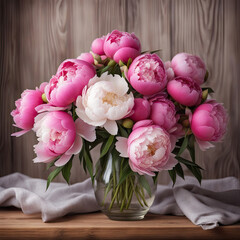 Bouquet of pink peonies in a glass vase on a wooden shelf. Holiday mood concept